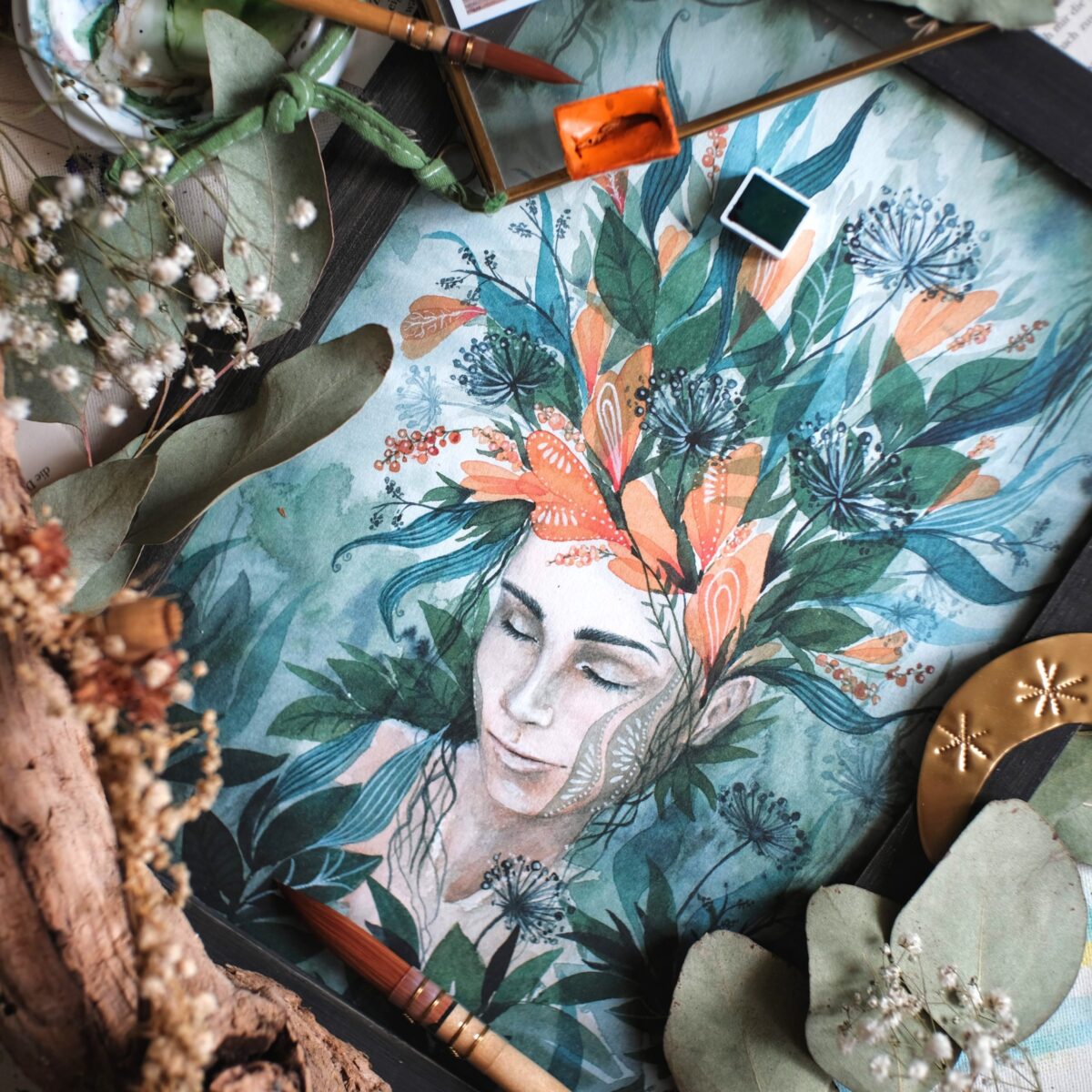 maria und der pinsel gruene trauemerei aquarell malerei boho wicca schaman naturliebe portrait blumen naturverbundenheit schlaf innerer frieden gruen dschungel scaled - Maria und der Pinsel