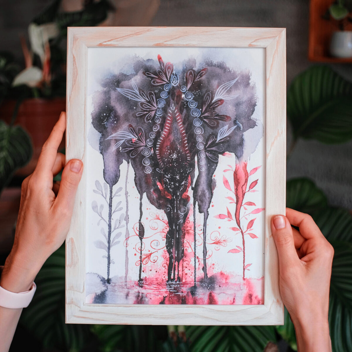 oeko artprint yoni im Fluss a4 vollholzrahmen weiss gebuerstet bilder fuer frauen yoniversum diversitaet bodypositivity vulva kunst periode menstruation - Maria und der Pinsel