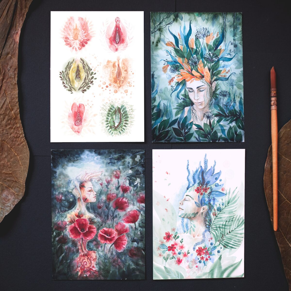 Inneres Erbluehen Postkartenset dunkel maria und der pinsel aquarelldruck boho karten geschenk frauenkreis - Maria und der Pinsel
