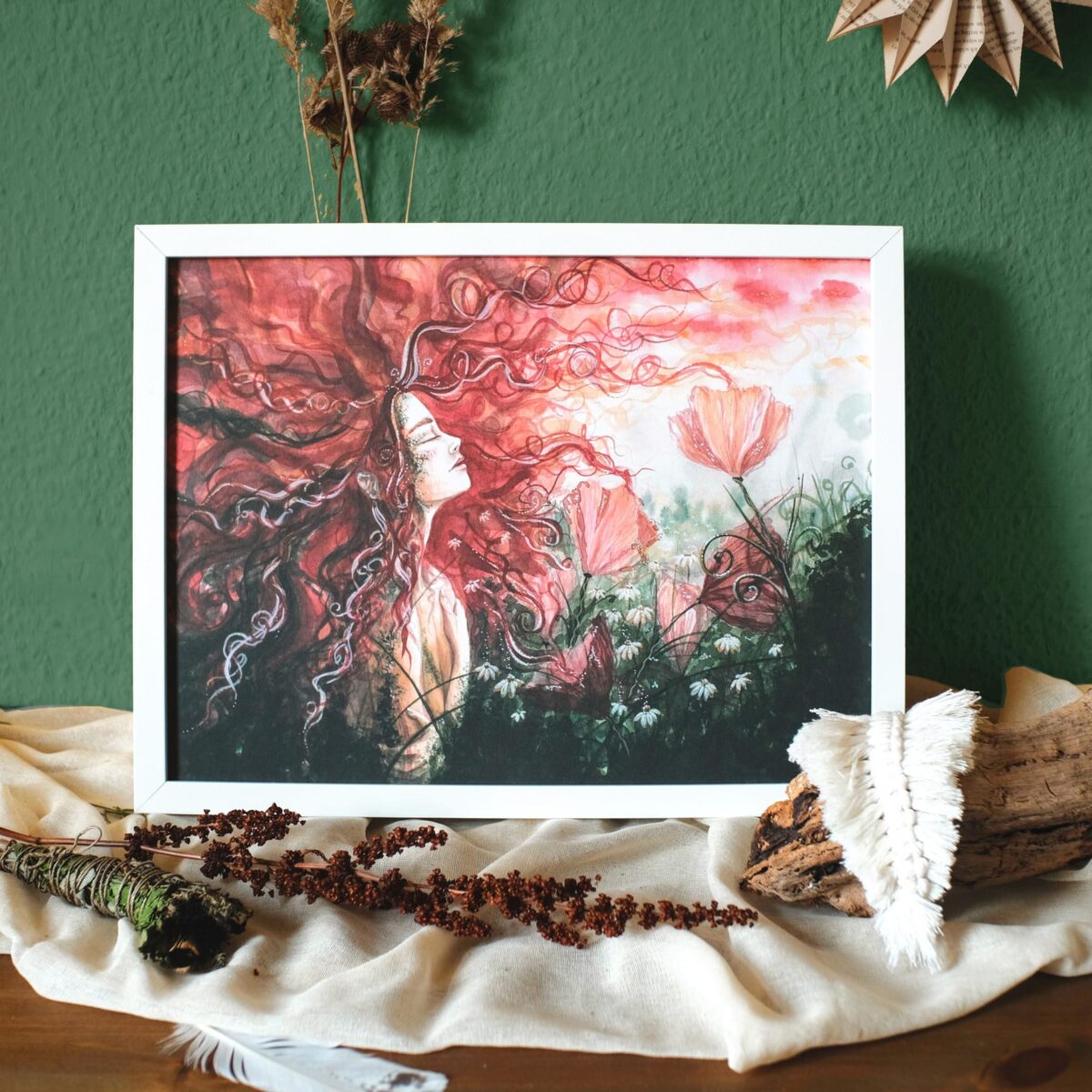 in roten wellen maria und der pinsel aquarell malerei oeko artprint blume frau wiese haare goettin tantra boho natur 100 70 30 scaled - Maria und der Pinsel