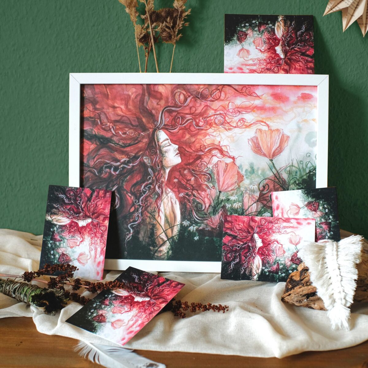 in roten wellen maria und der pinsel aquarell malerei oeko artprint blume frau wiese haare goettin tantra boho natur1 100 70 30 scaled - Maria und der Pinsel