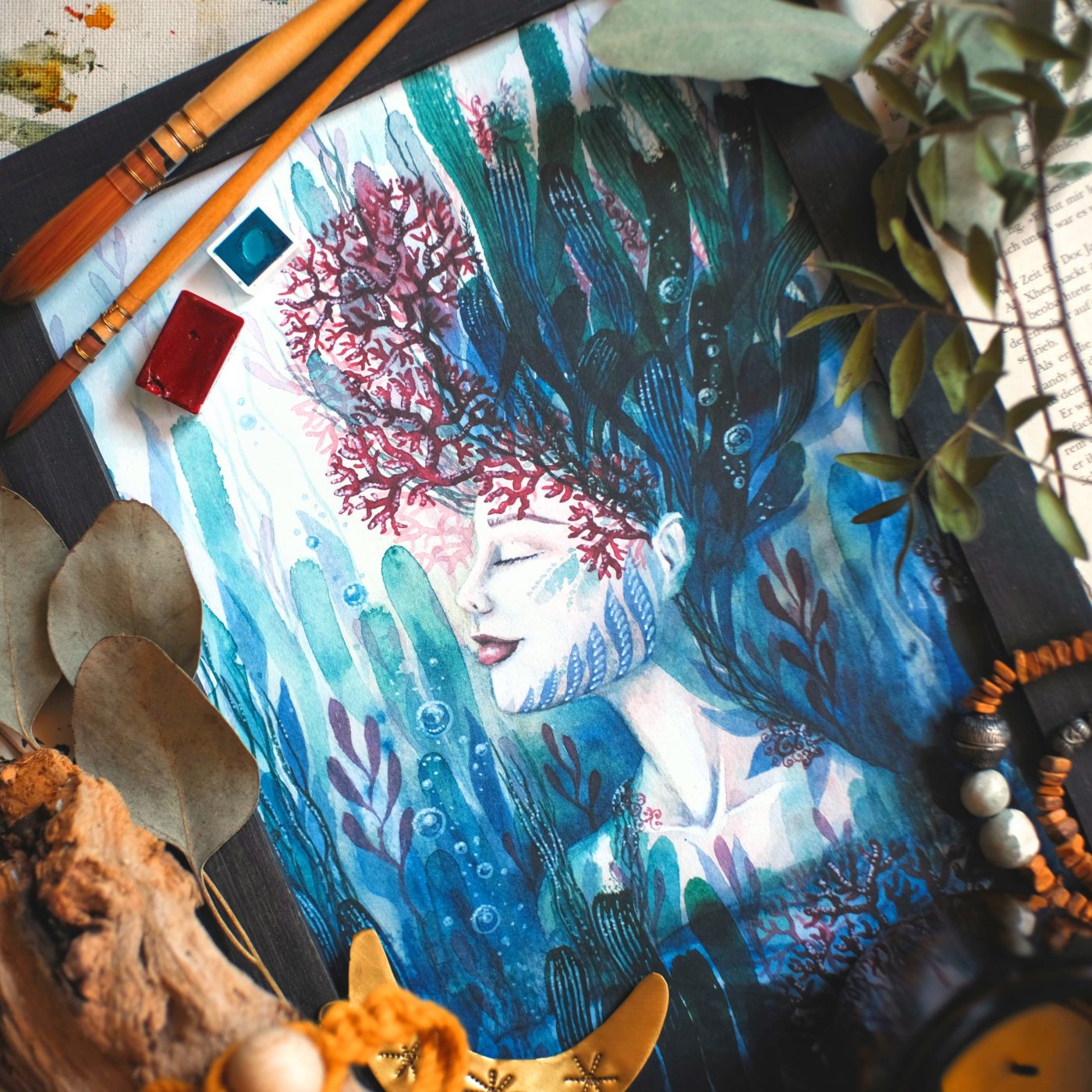 maria und der pinsel korallenblüte öko artprint goddess garden aquarell malerei meer ozean oceanchild boho wicca - Maria und der Pinsel