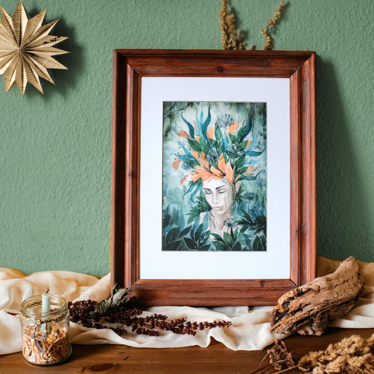 Gruene Traeumerei maria und der pinsel artprints oeko vegan boho blumen portrait frau fantasy aquarell spirituell 90 85 scaled - Maria und der Pinsel