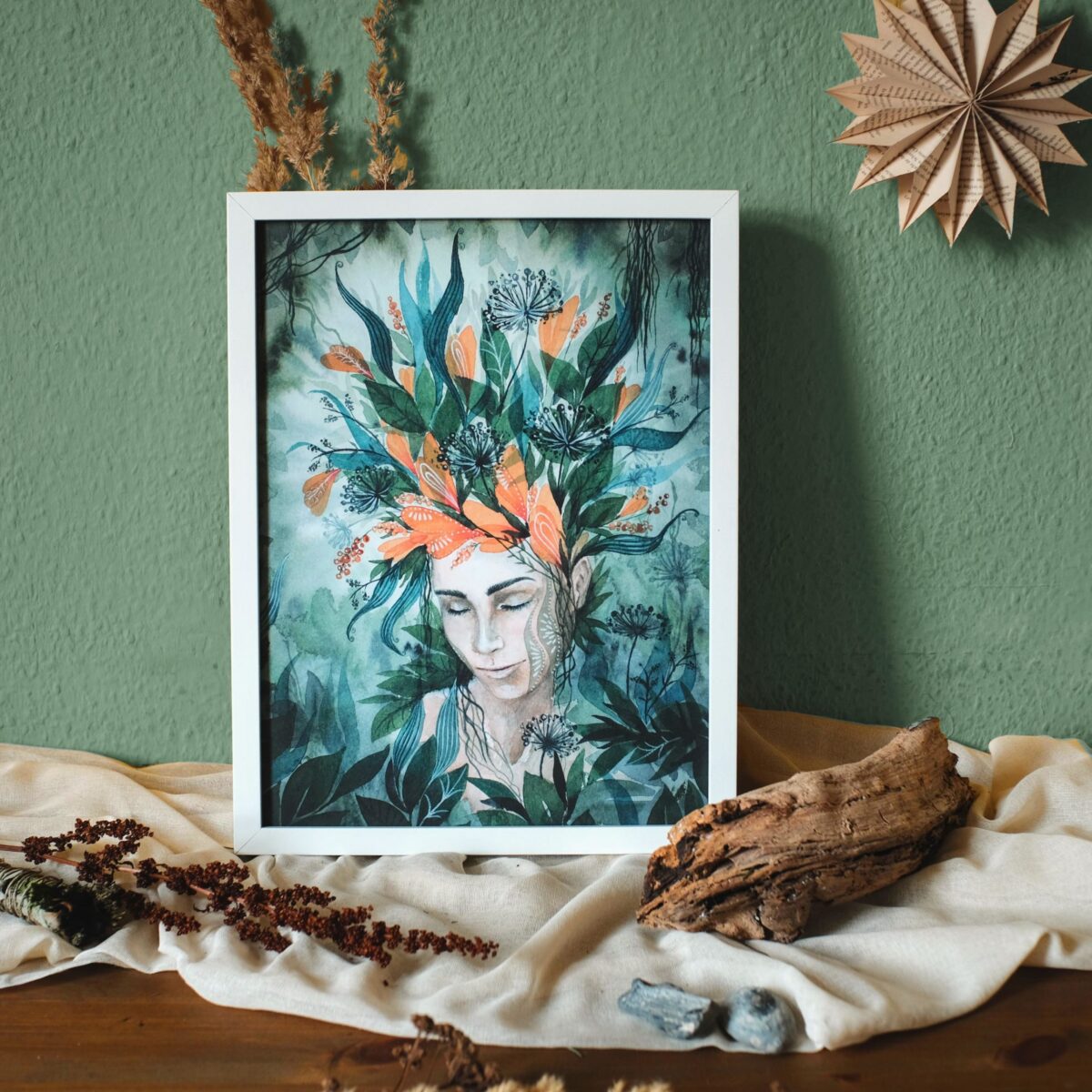 Gruene Traeumerei maria und der pinsel artprints oeko vegan boho blumen portrait frau fantasy aquarell spirituell scaled - Maria und der Pinsel