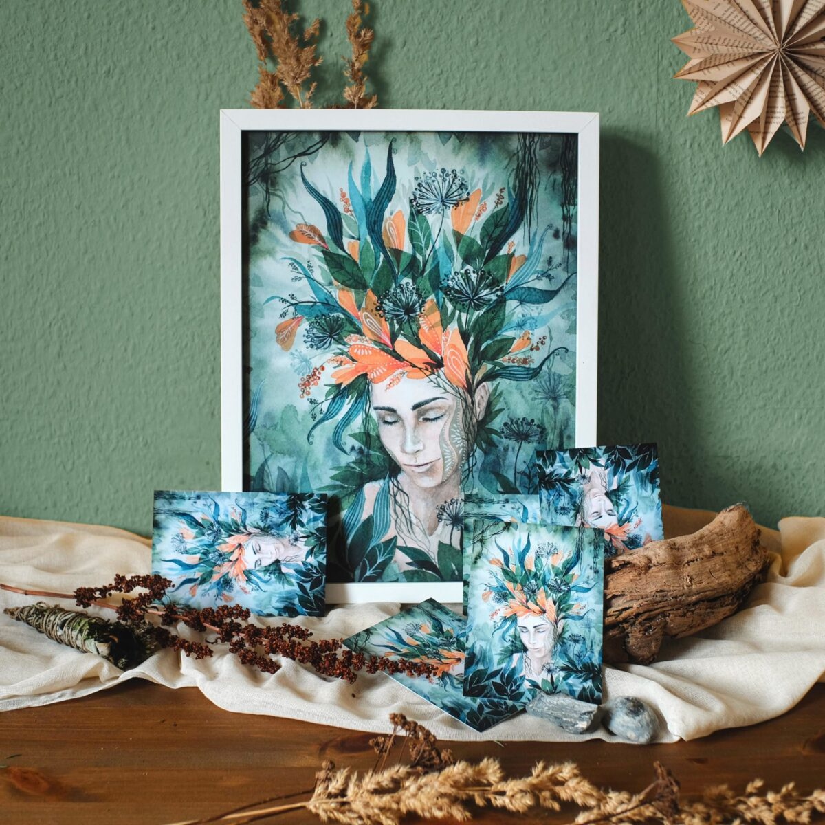 Gruene Traeumerei maria und der pinsel artprints oeko vegan boho blumen portrait frau fantasy aquarell spirituell1 scaled - Maria und der Pinsel