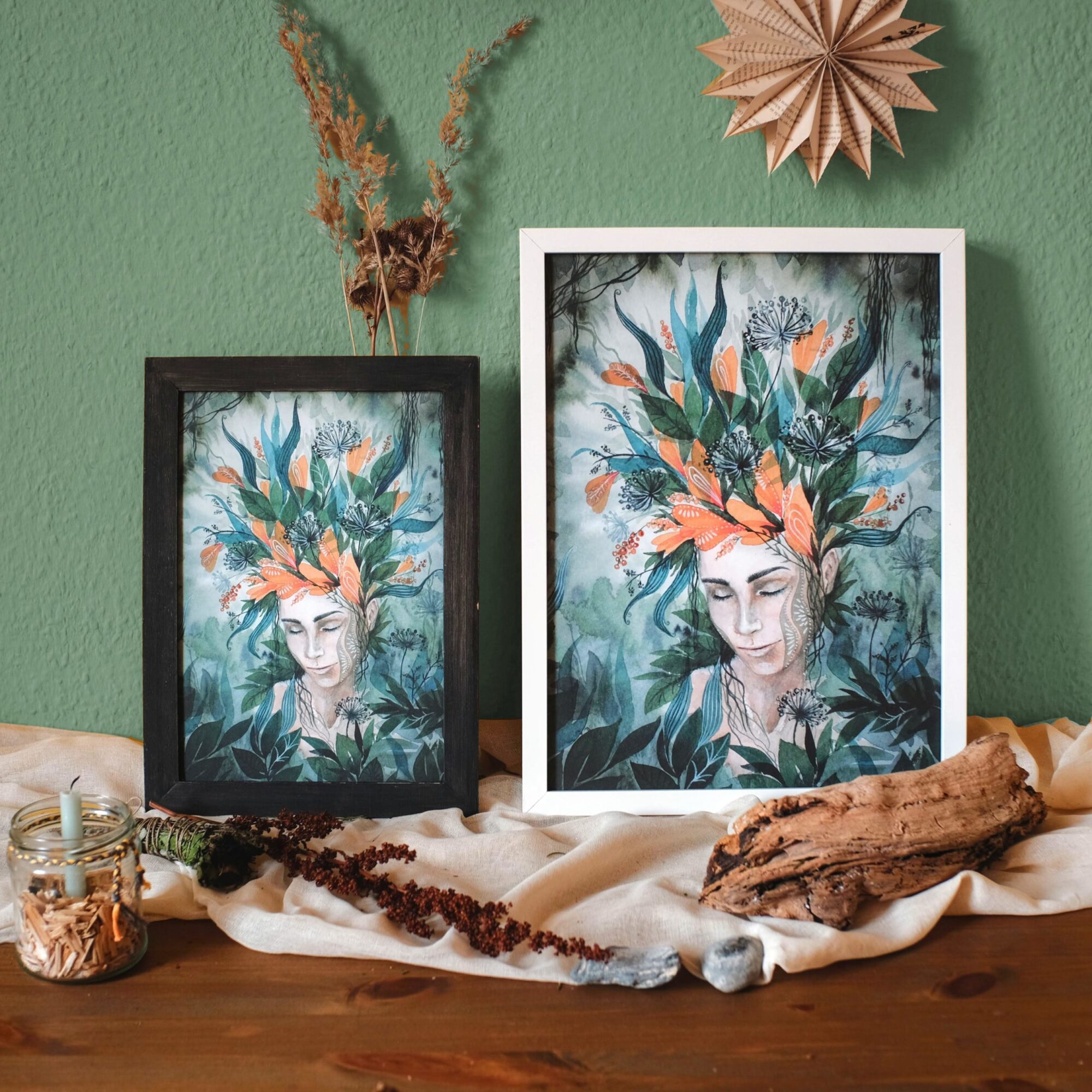 Gruene Traeumerei maria und der pinsel artprints oeko vegan boho blumen portrait frau fantasy aquarell spirituell2 scaled - Maria und der Pinsel