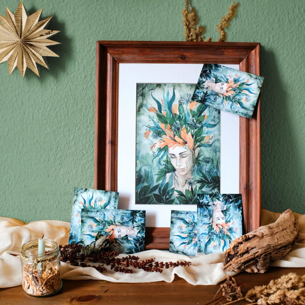 Gruene Traeumerei maria und der pinsel artprints oeko vegan boho blumen portrait frau fantasy aquarell spirituell3 scaled - Maria und der Pinsel