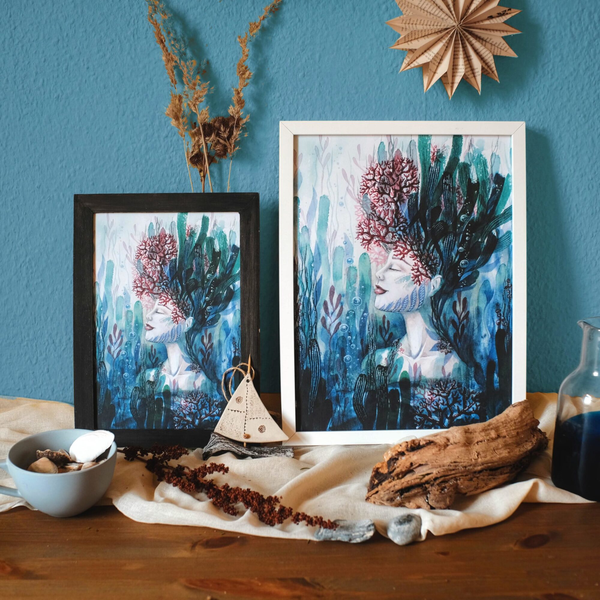 Korallenbluete maria und der pinsel aquarell malerei oeko artprint meer boho blueten goettin fantasie mermaid ozean1 160 60 scaled - Maria und der Pinsel