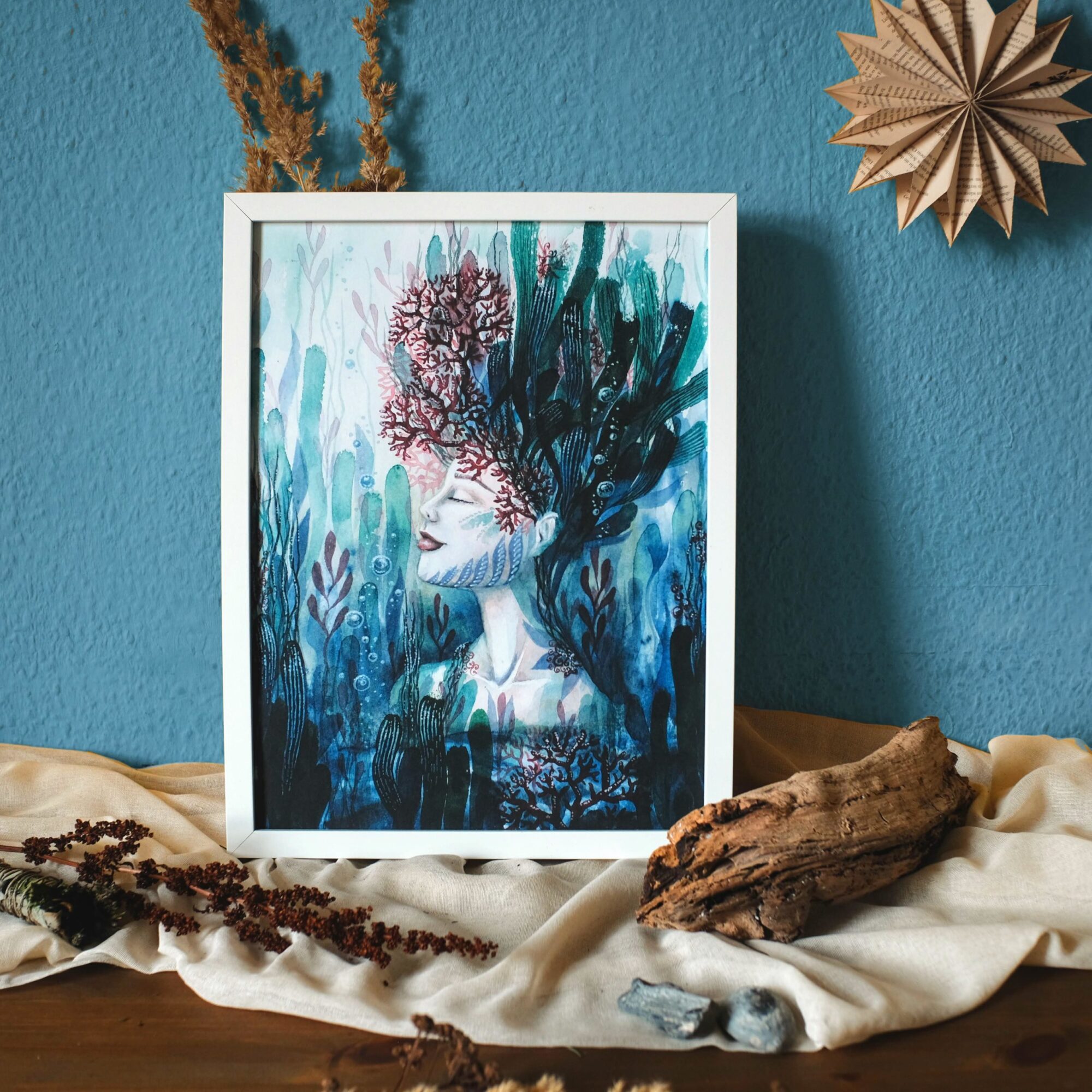 Korallenbluete maria und der pinsel aquarell malerei oeko artprint meer boho blueten goettin fantasie mermaid ozean2 160 60 scaled - Maria und der Pinsel