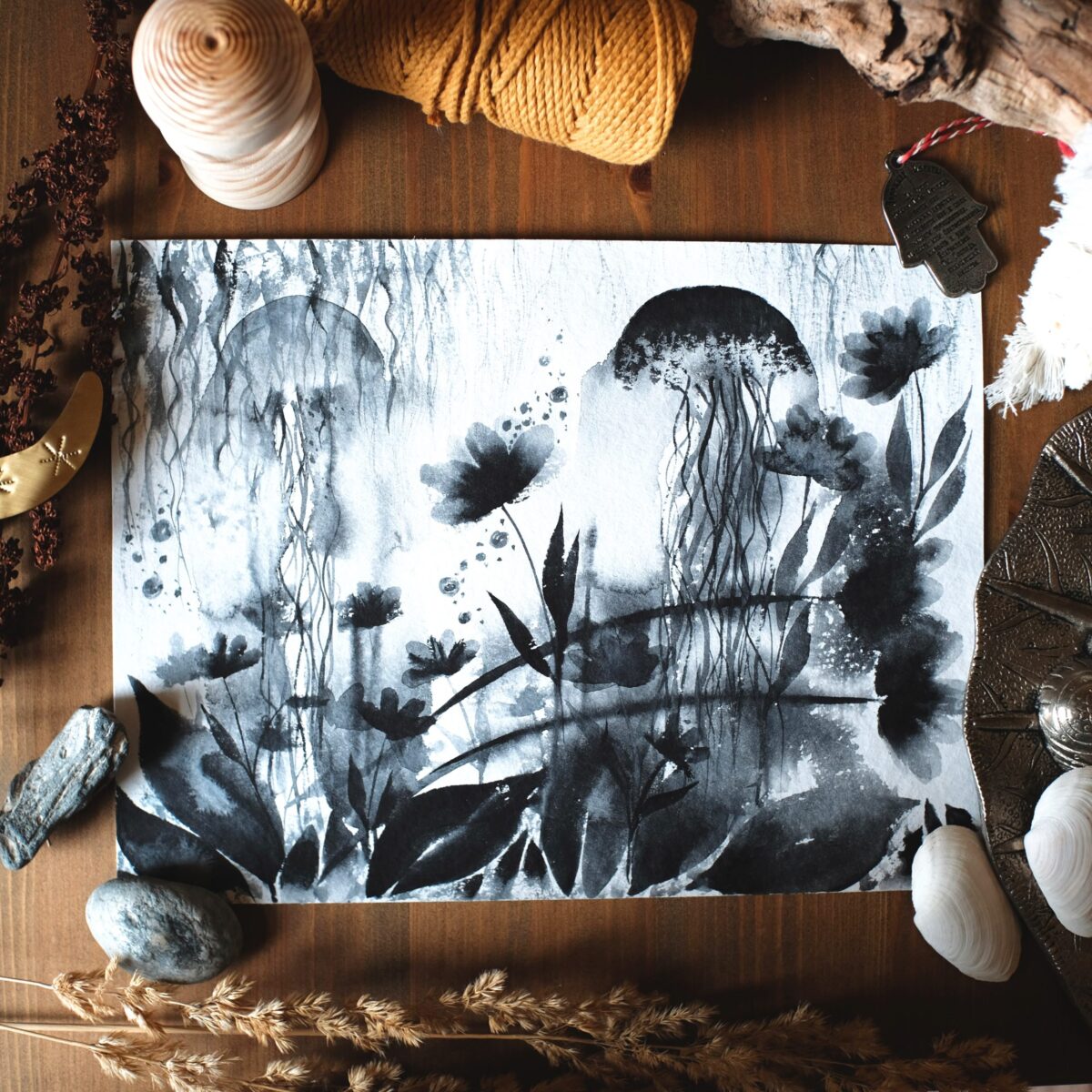 chromquallen maria und der pinsel aquarell malerei abstrakt schwarz weiss unter wasser ozean meer gras pflanzen natur scaled - Maria und der Pinsel