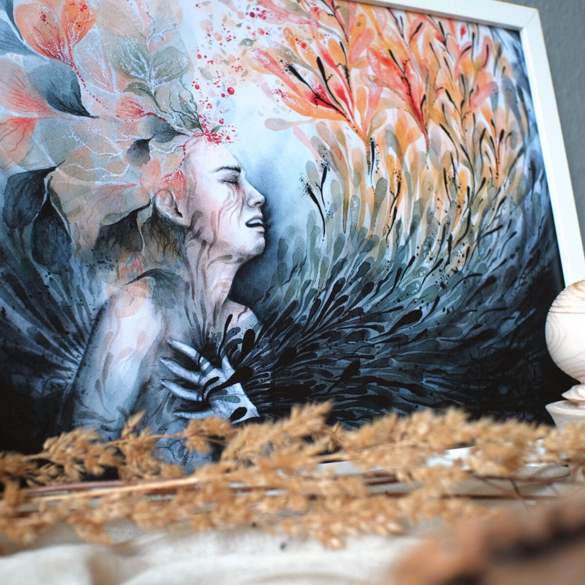 geliebte dunkelheit maria und der pinsel aquarell malerei oeko artprint boho tarot tantra portrait frau blume tod trauer schmerz schattenarbeit verlust scaled - Maria und der Pinsel