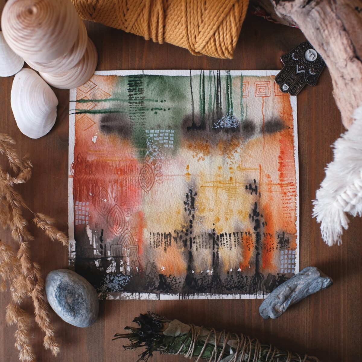 herbstgefluester maria und der pinsel aquarell malerei abstrakt orange gelb gruen pflanzen natur boho scaled - Maria und der Pinsel