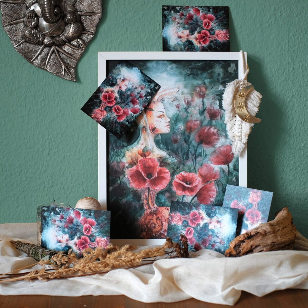 mohnlichter maria und der pinsel aquarell malerei oeko artprint boho tarot tantra portrait frau blume wiese bluete spiegel seele 1 scaled - Maria und der Pinsel