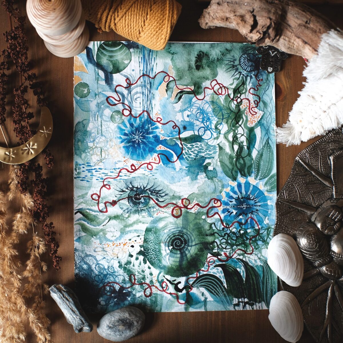 ruhe im sturm maria und der pinsel aquarell malerei abstrakt gruen blau auge chaos roter faden blume natur pfalnzen scaled - Maria und der Pinsel