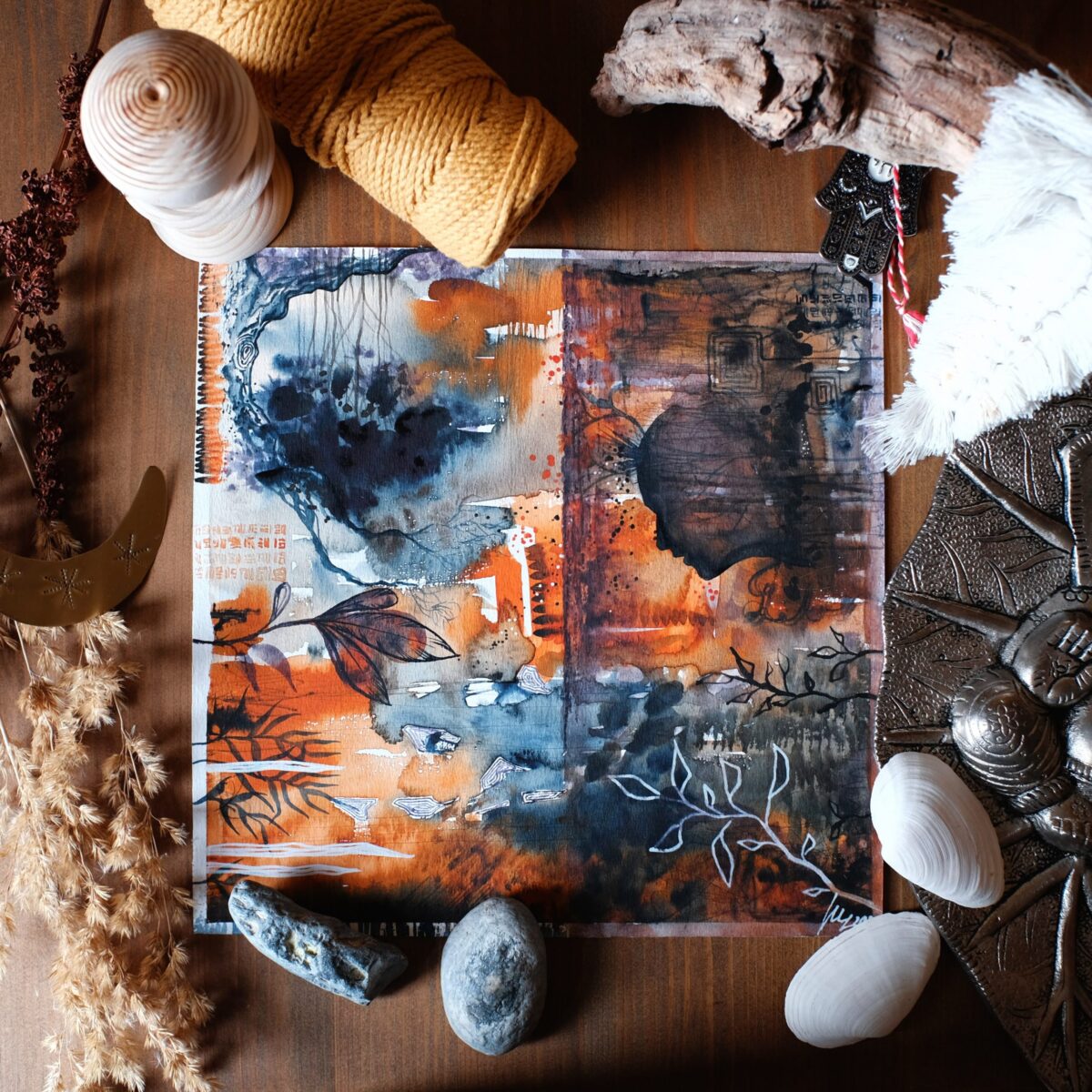 ueberladen maria und der pinsel aquarell malerei abstrakt farbenfroh orange blau lila baum kopf portrait frau boho feder scaled - Maria und der Pinsel