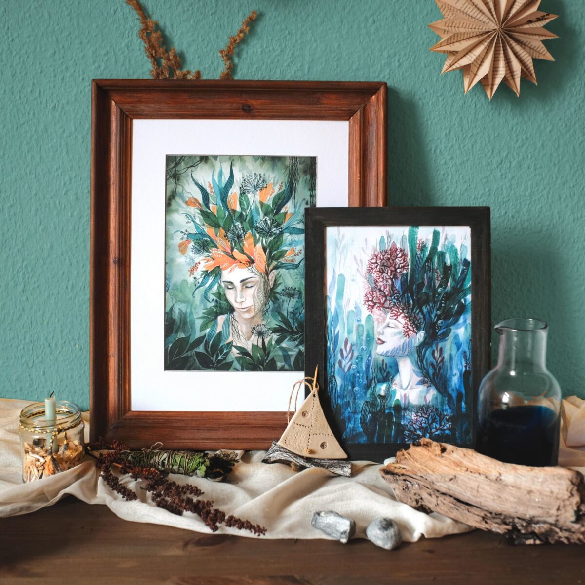 waelder meere oeko artprint set koralle floral frau portrait blume regenwald gruen blau aquarell malerei tarot tantra boho 135 75 scaled - Maria und der Pinsel