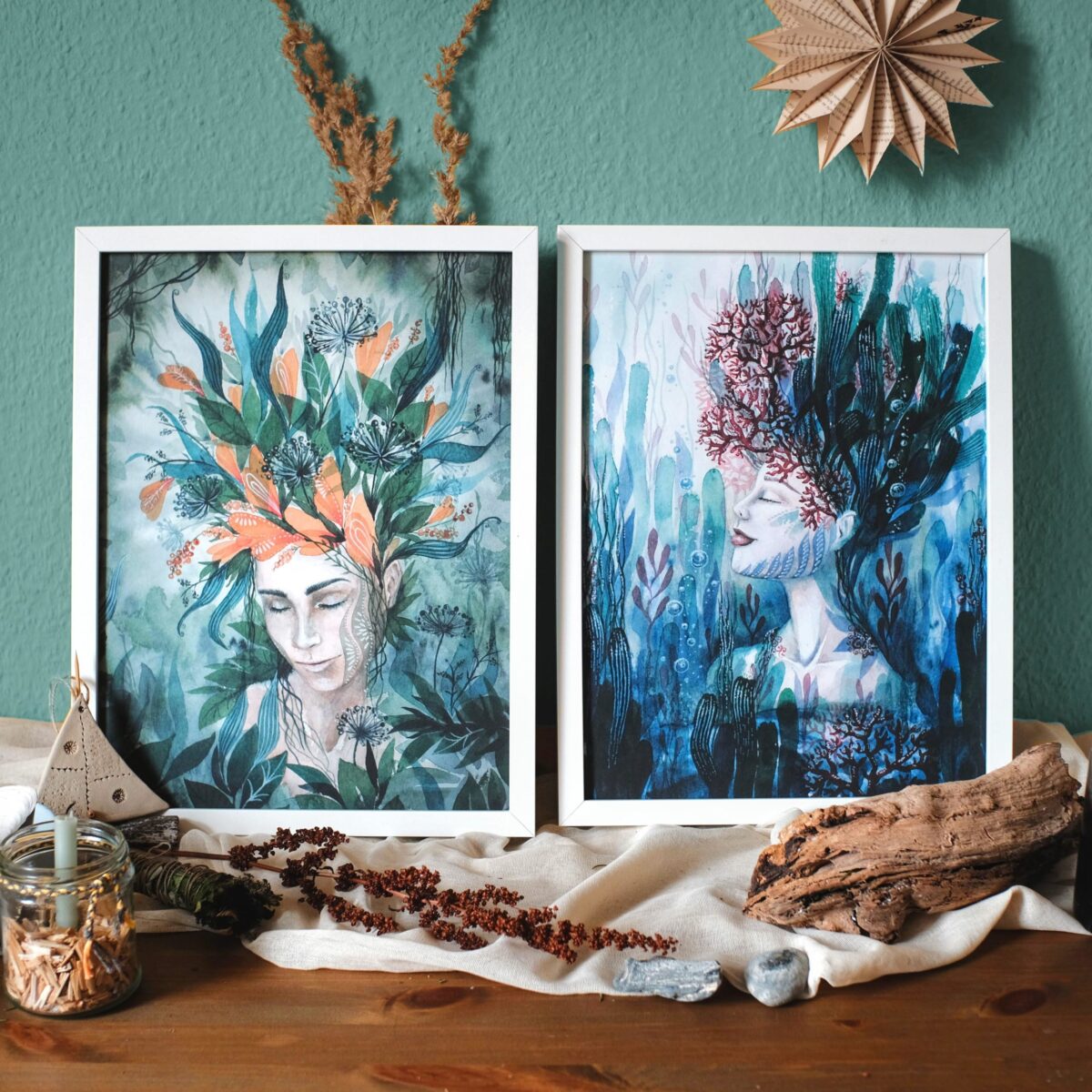 waelder meere oeko artprint set koralle floral frau portrait blume regenwald gruen blau aquarell malerei tarot tantra boho1 135 75 scaled - Maria und der Pinsel