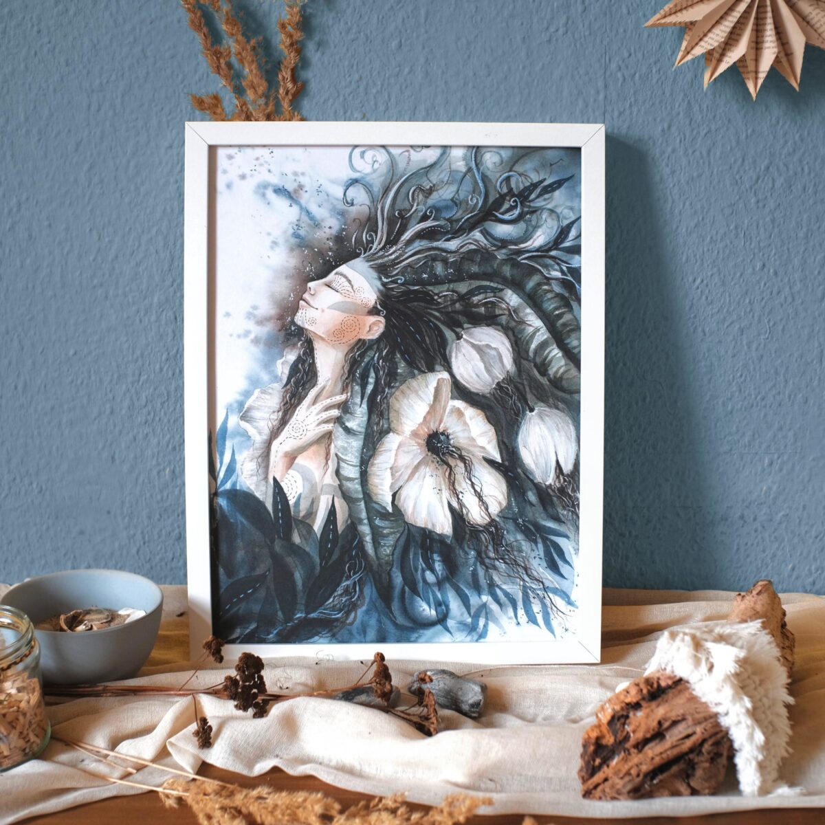 windgoettin maria und der pinsel aquarell malerei kunst poster frau blume boho artprint oeko tarot tantra floral1 170 75 scaled - Maria und der Pinsel