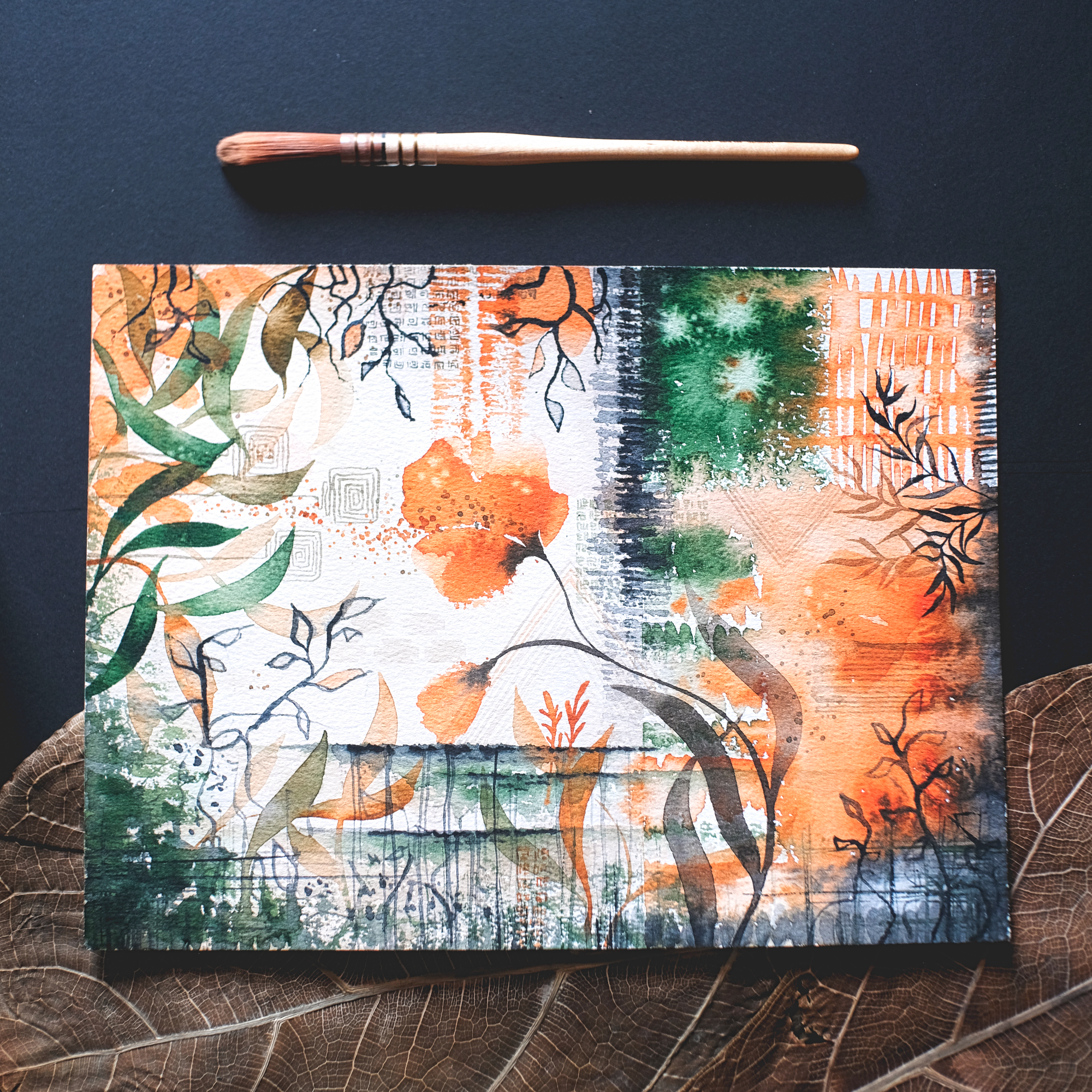 aquarell malerei kunst fuer zuhause unikat maria und der pinsel orangenbluete querformat orange gruen abstrakt - Maria und der Pinsel