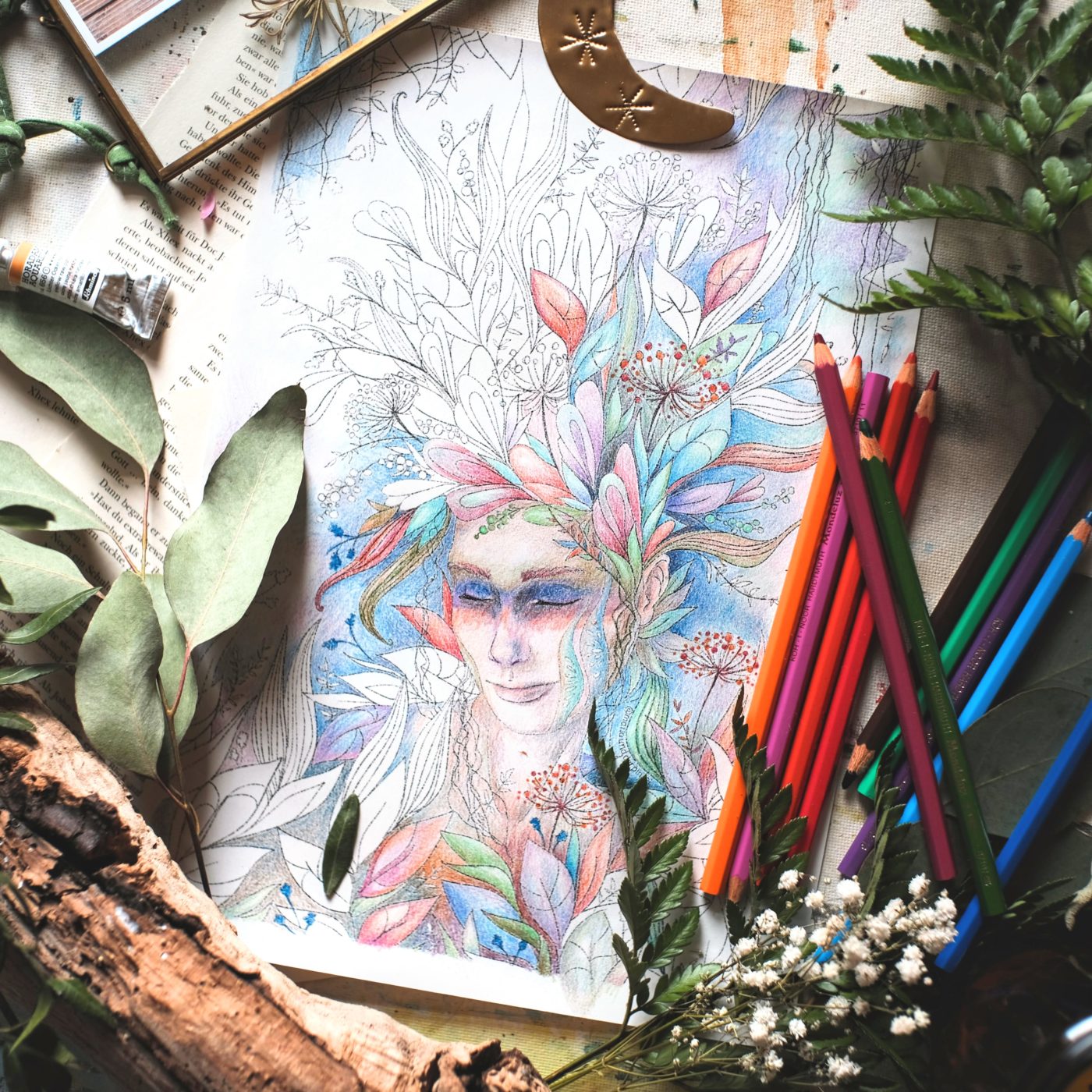 ausmalseite colouring page fruehling floral traeumerei boho schamanisch wicca blumen blueten erbluehen spring flower - Maria und der Pinsel