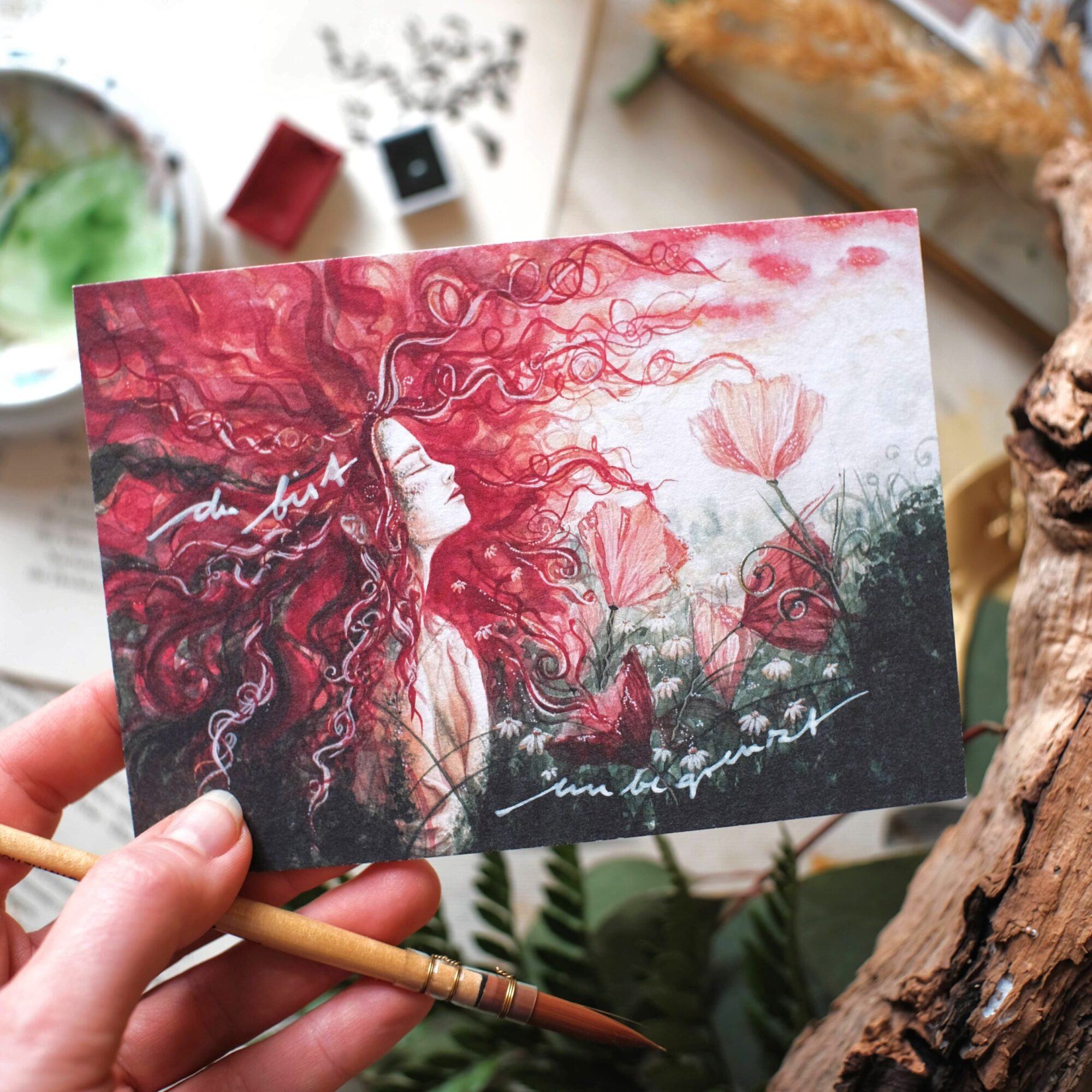 postkarte maria und der pinsel selbstliebe in roten wellen feminine kunst aquarell oeko artprint wicca boho schaman1 scaled - Maria und der Pinsel