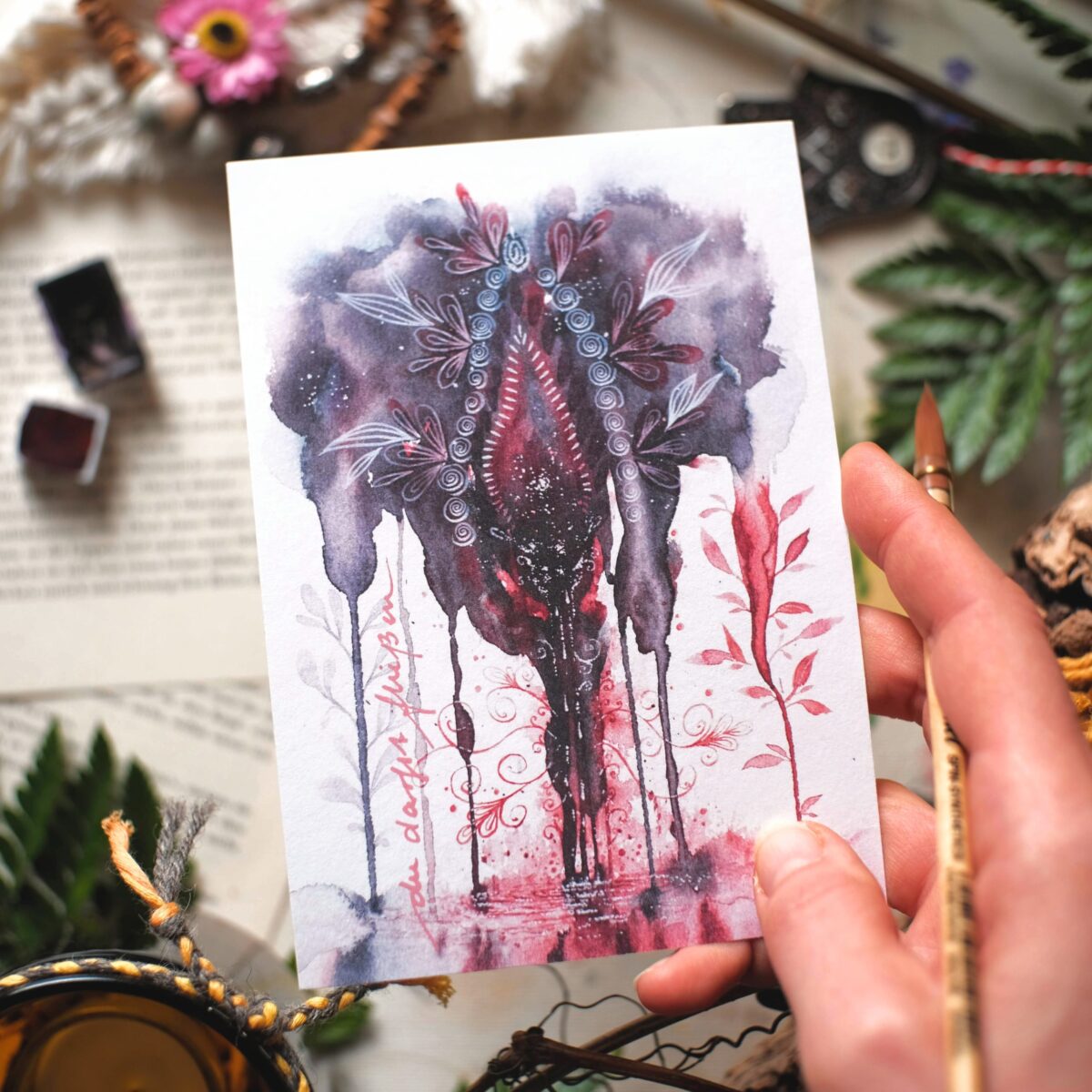 postkarte maria und der pinsel yoni im fluss vulva zyklus periode menstruation feminine kunst aquarell oeko artprint wicca schaman boho2 scaled - Maria und der Pinsel