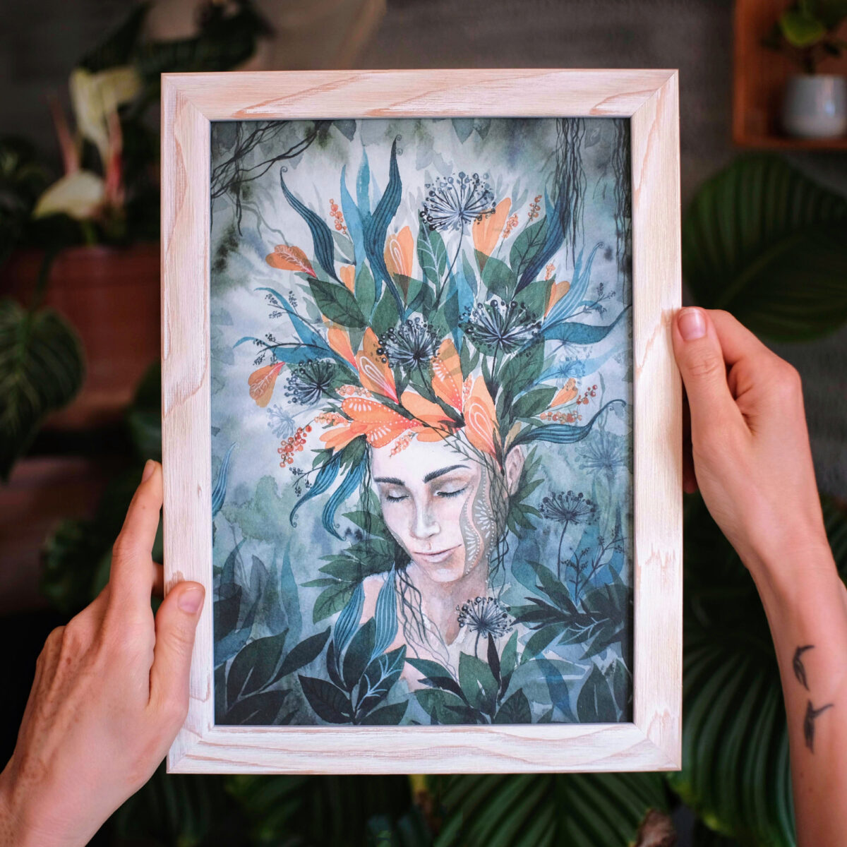 oeko artprint gruene traeumerei a4 vollholzrahmen weiss gebuerstet bilder fuer frauen mutter erde gaia inspiration - Maria und der Pinsel