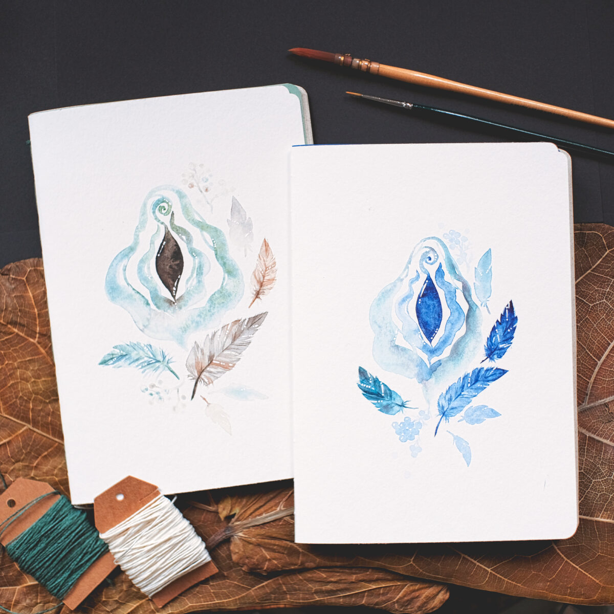 Vulva Journal waldgefluester meeresrauschen Aquarell Unikat handgebunden handbemalt a5 Graspapier yoni yoniversum vagina zyklus body positivity lgbtq wicca boho tagebuch notizbuch blanko - Maria und der Pinsel