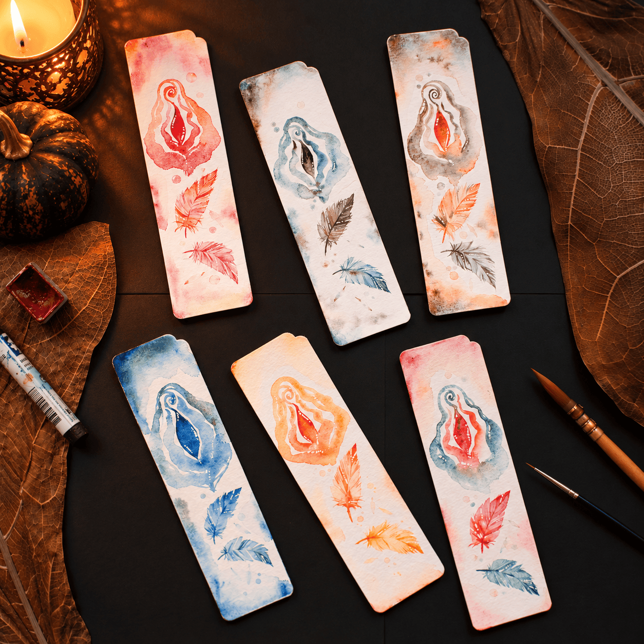vulva lesezeichen Aquarell Unikat handbemalt yoni yoniversum vagina zyklus wicca boho buecher lesefutter halloween decor cozy autumn - Maria und der Pinsel
