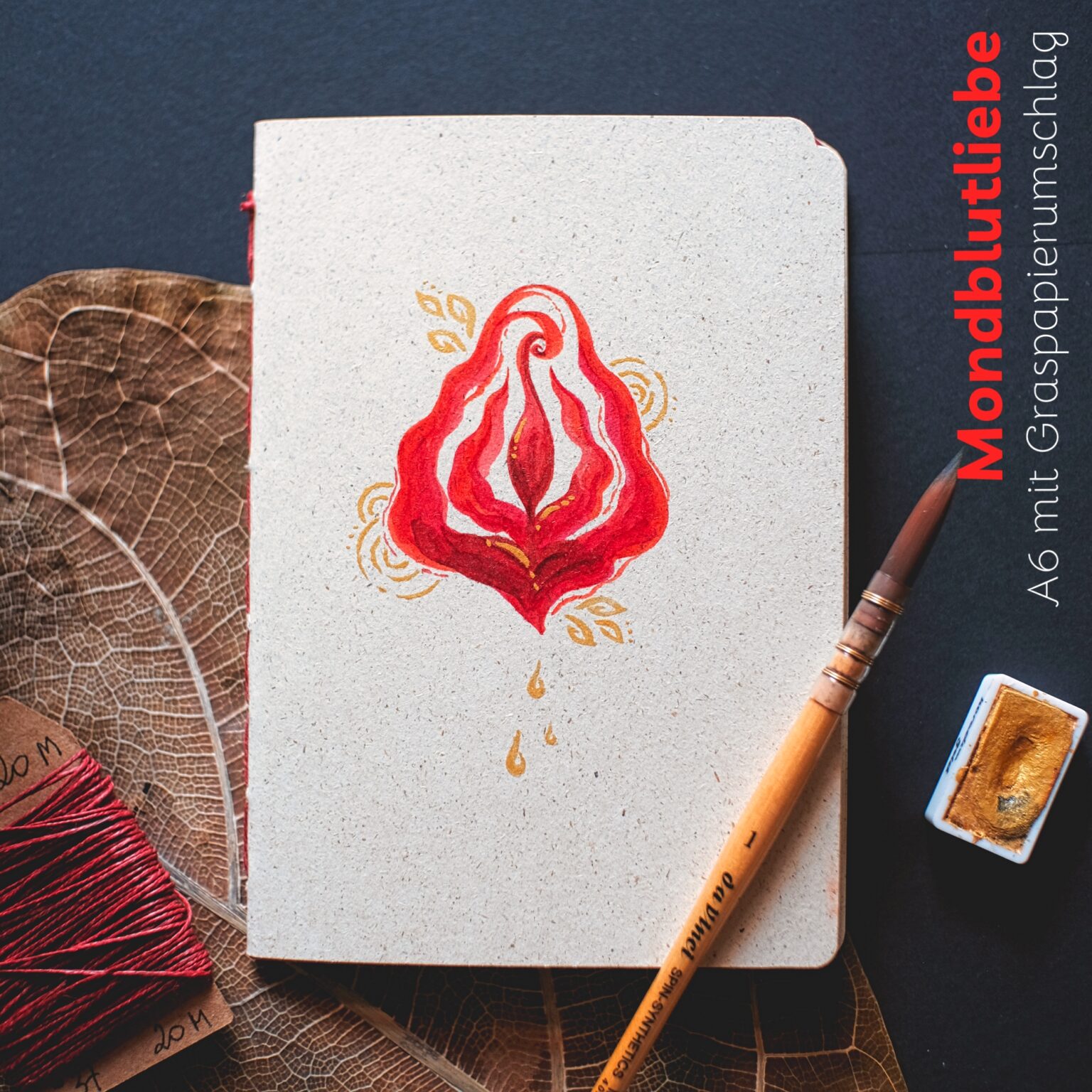 individuelle aufträge - A6 Journal mit Graspierumschlag in Farbe Mondblutliebe 2 Vulva Tagebuch A6 mit Graspapierumschlag in der Farbe "Mondblutliebe"