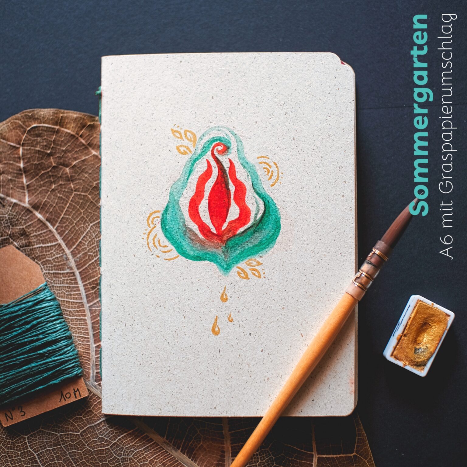 individuelle aufträge - A6 Journal mit Graspierumschlag in Farbe Sommergarten Vulva Journal A6 mit Graspapierumschlag in der Farbe "Sommergarten"