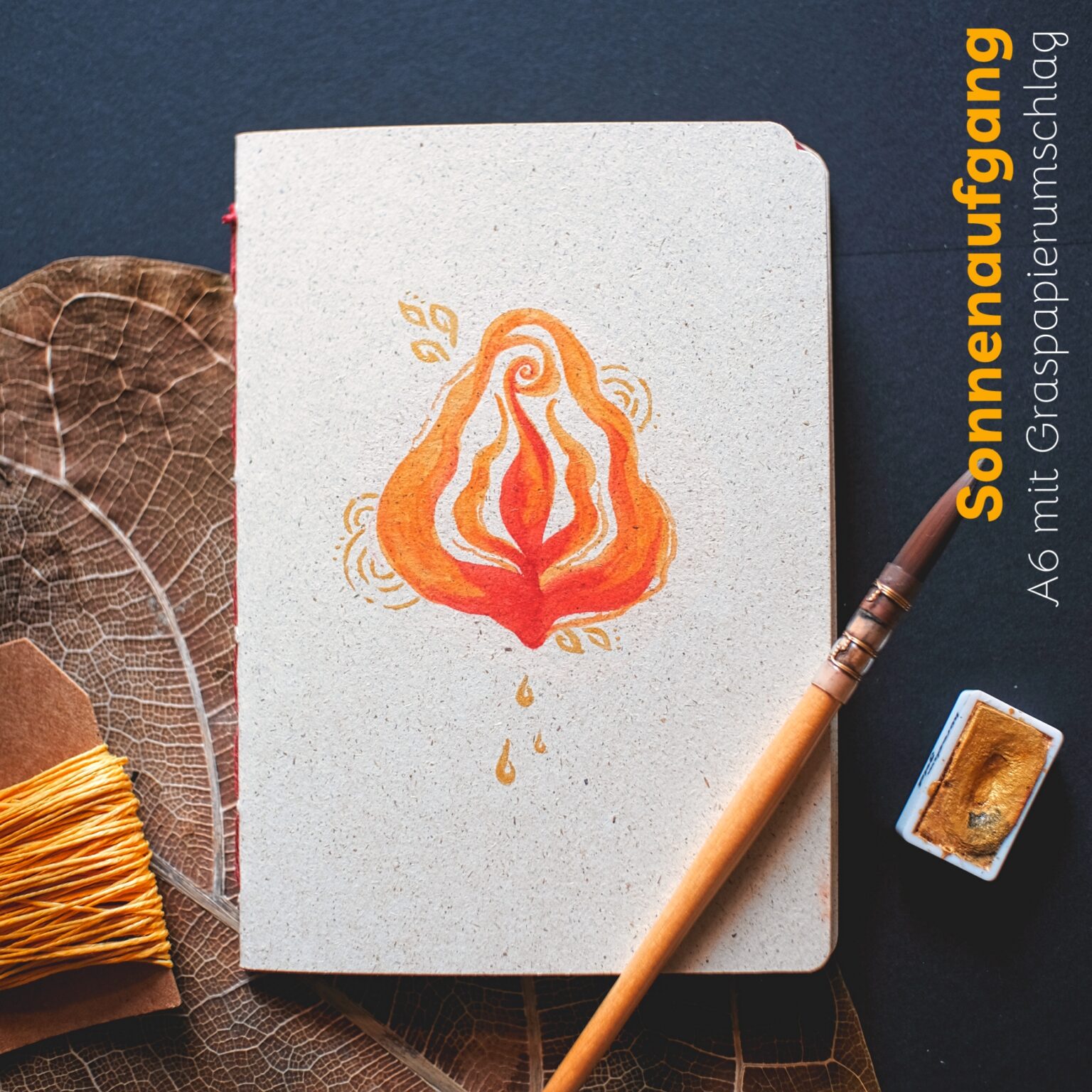 individuelle aufträge - A6 Journal mit Graspierumschlag in Farbe Sonnenaufgang Vulva Journal A6 mit Graspapierumschlag in der Farbe "Sonnenaufgang"