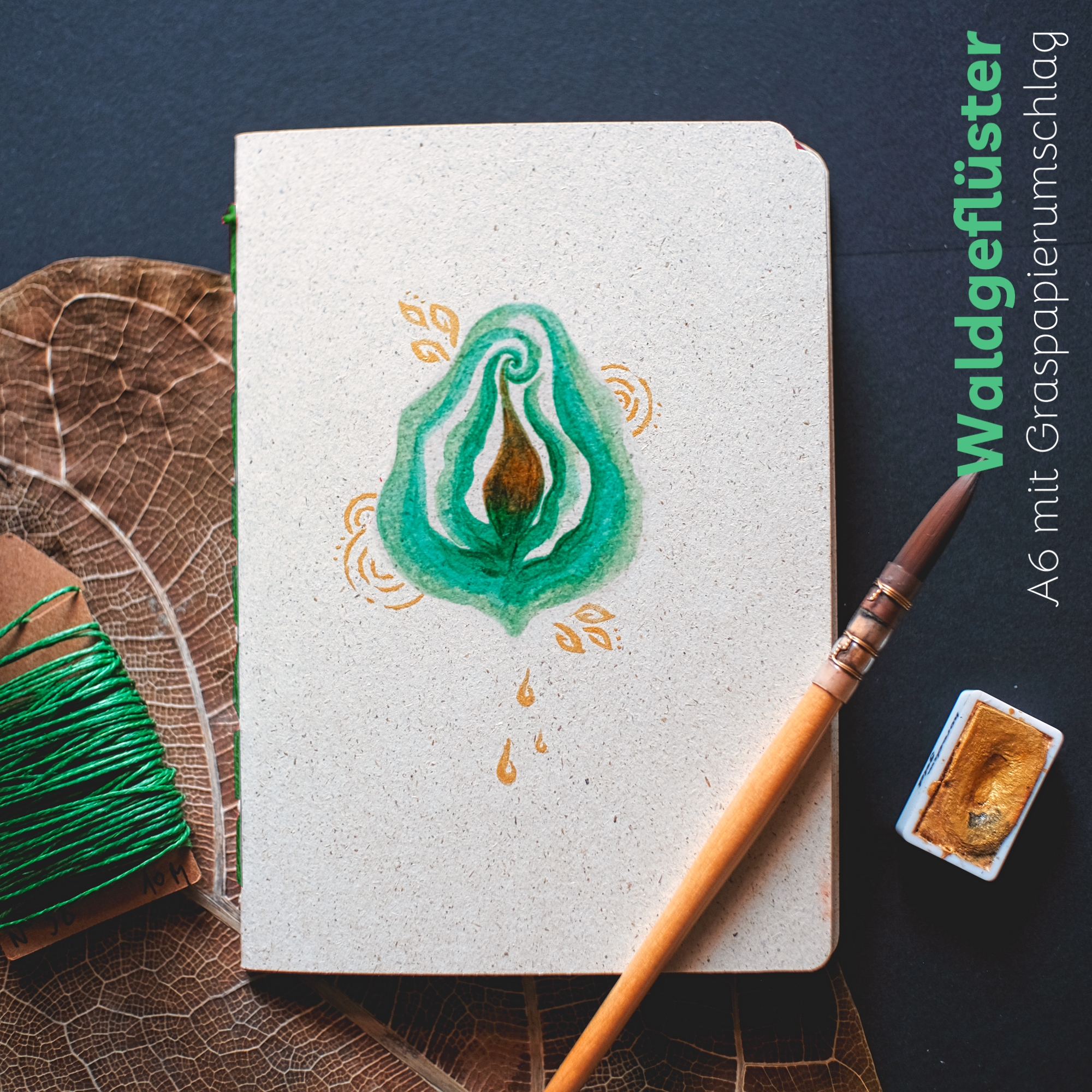A6 Journal mit Graspierumschlag in Farbe Waldgefluester - Maria und der Pinsel