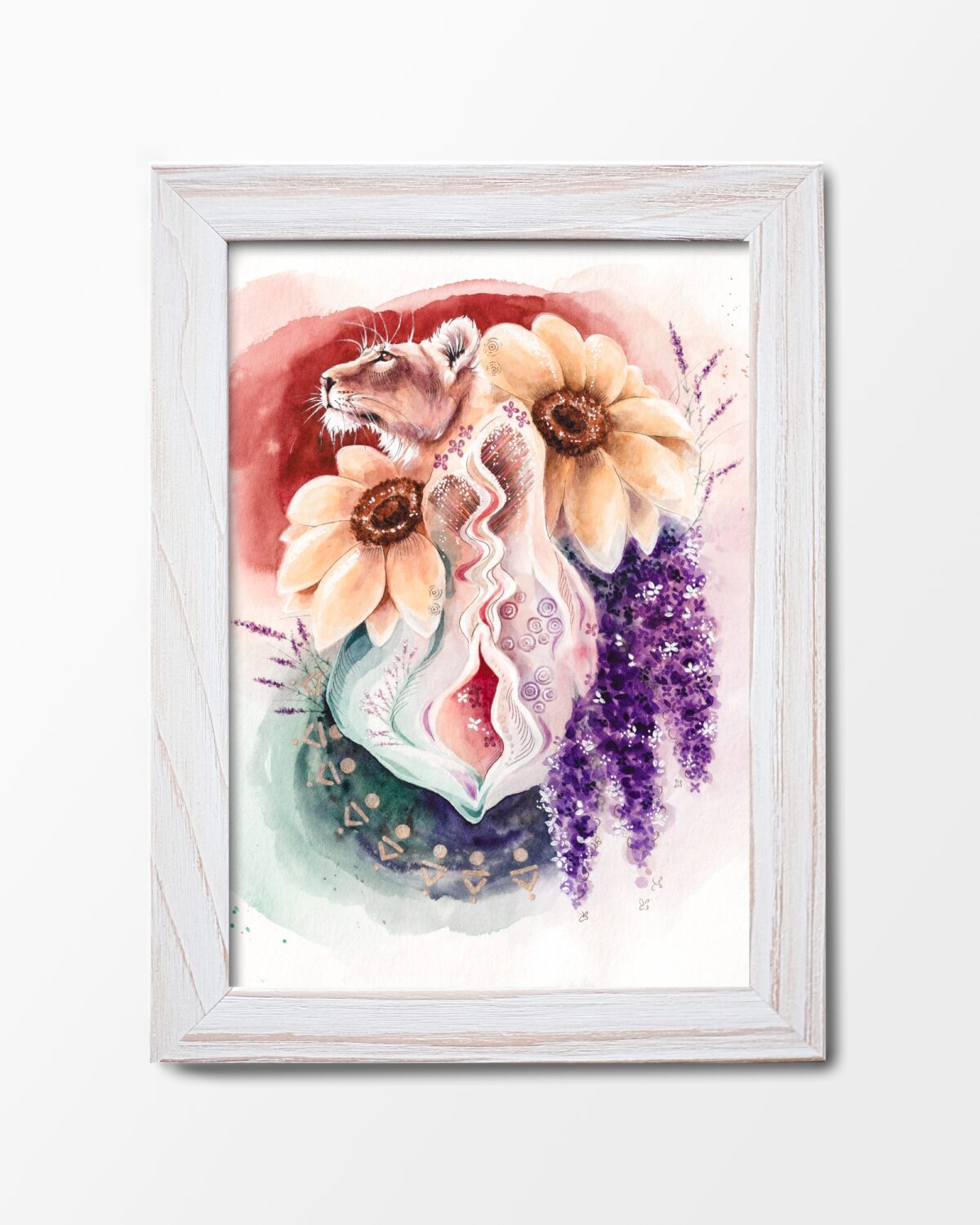 Maria und der Pinsel - VP Sonnenloewin weisser Rahmen zarte Kunst fuer starke Frauen Yoniversum Schossraumheilung Vagina Vulva Vulvina Dein Vulva Portrait in A3