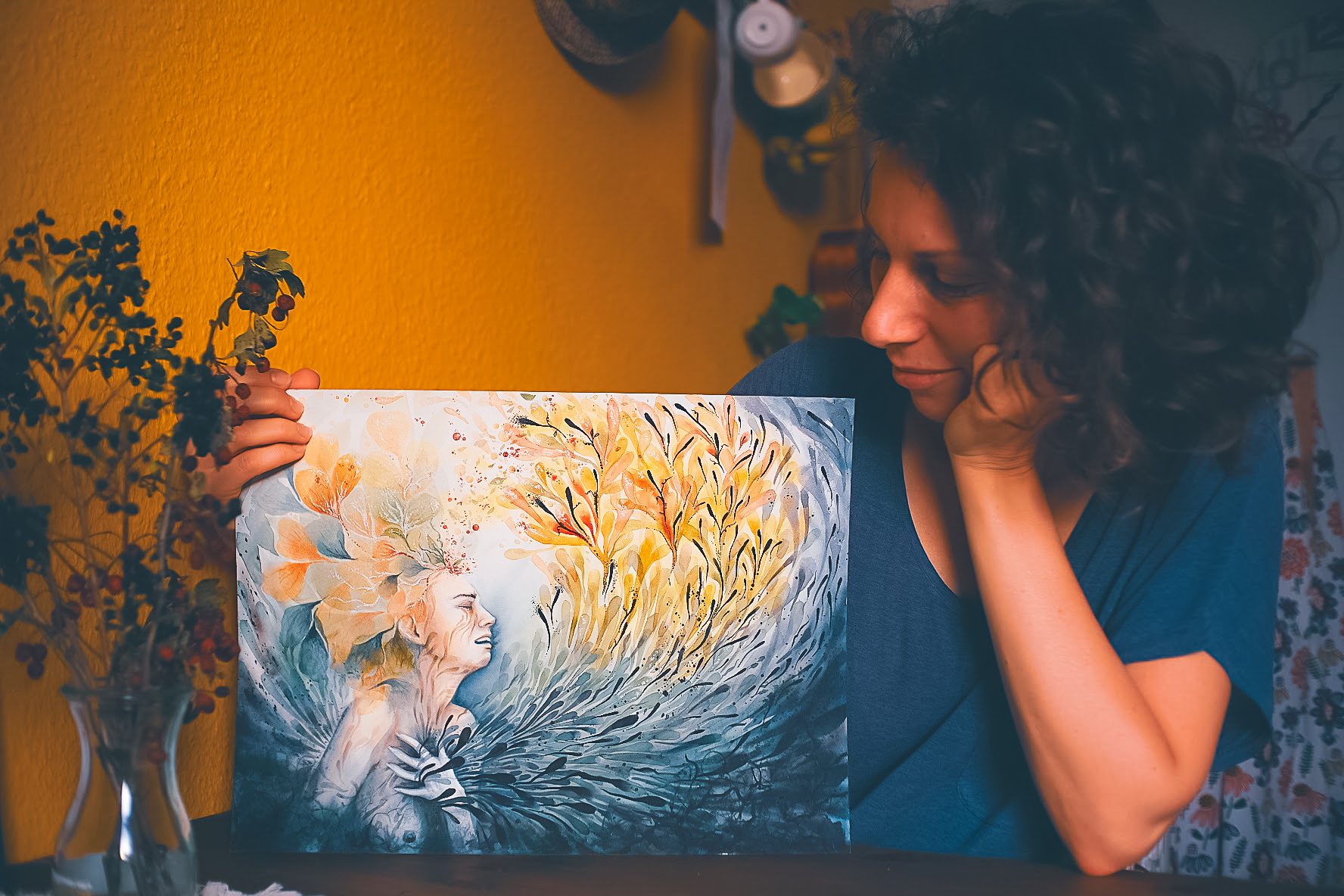 Artprint ~ GELIEBTE DUNKELHEIT - kunst fuer frauen musen amazonen goettin artprint poster aquarell kunst fuer frauen musen amazonen goettin artprint poster aquarell - Maria und der Pinsel